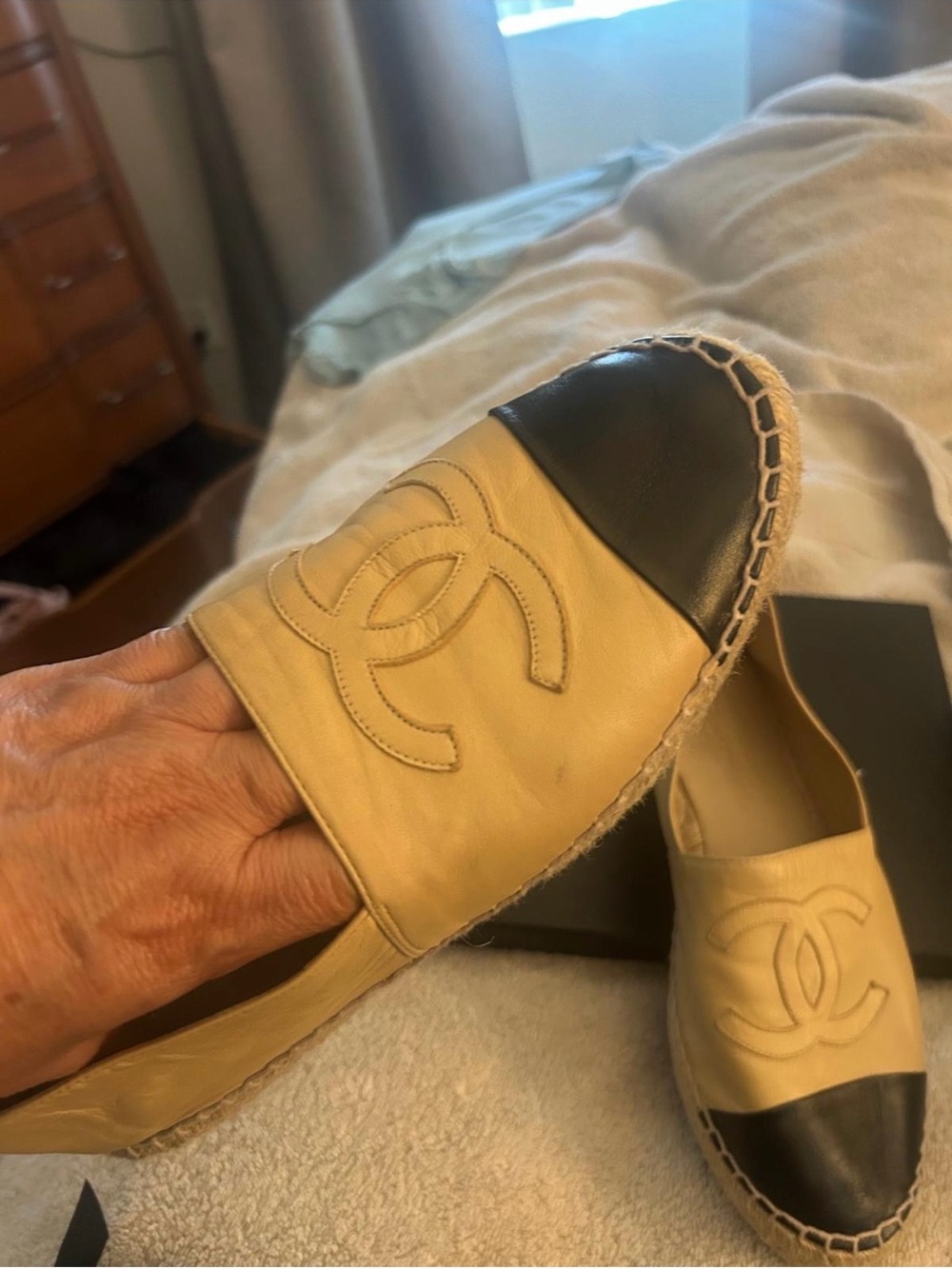 CHANEL Beige Leather Espadrilles with Black Cap Toe